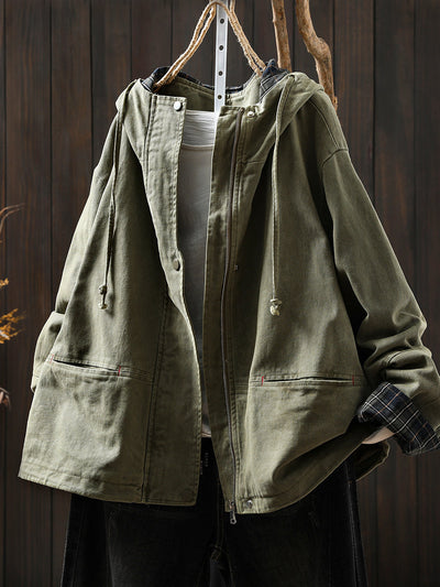 Plus Size Women Autumn Plaid Spliced Hooded Cotton Cardigan Coat