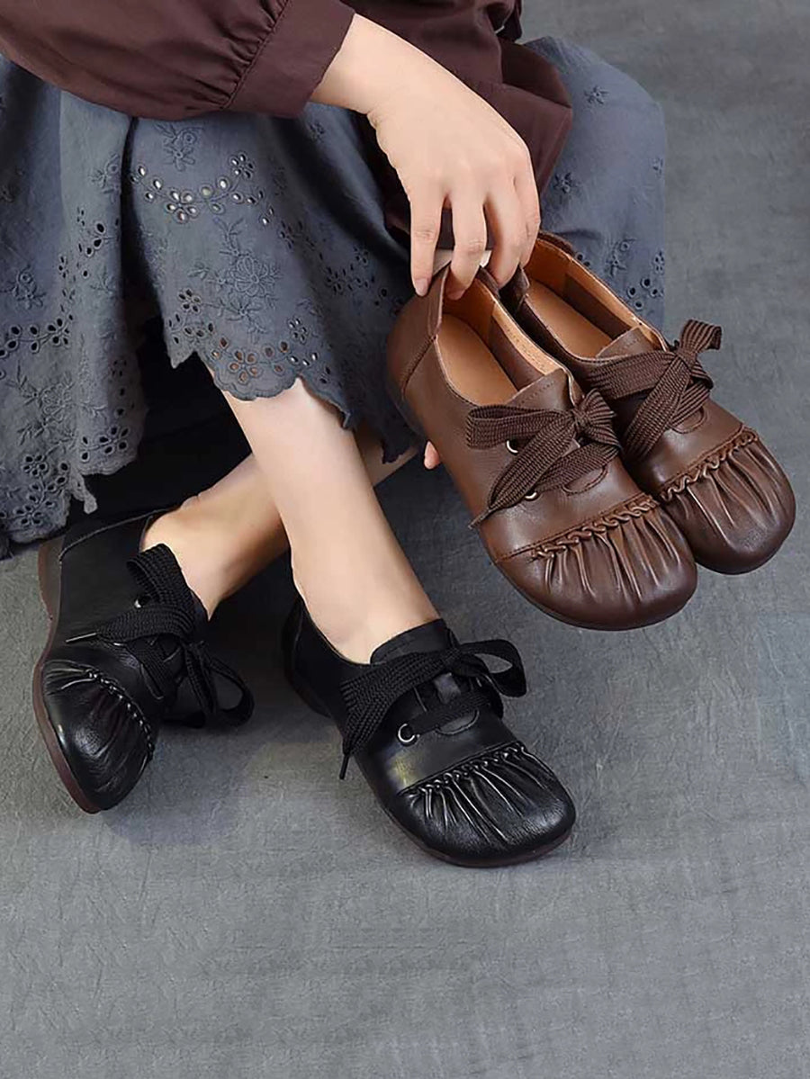 Women Casual Leather Spliced Strap Low Heel Shoes