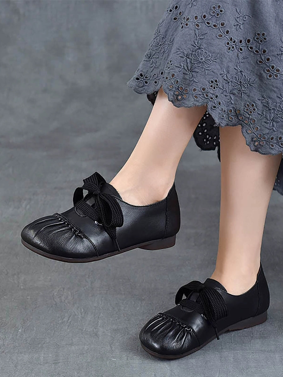Women Casual Leather Spliced Strap Low Heel Shoes