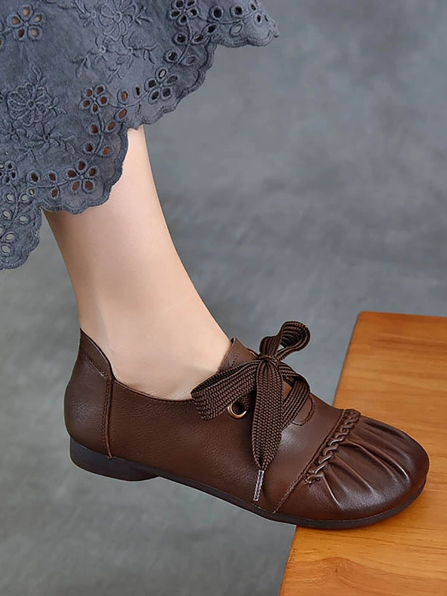 Women Casual Leather Spliced Strap Low Heel Shoes