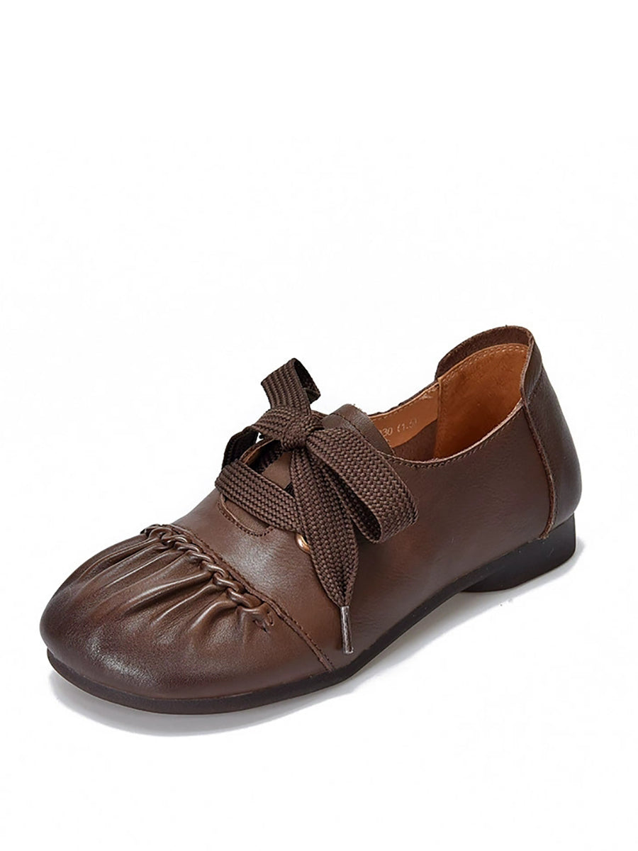 Women Casual Leather Spliced Strap Low Heel Shoes