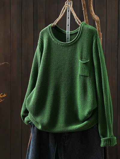 Women Autumn Pure Color O-Neck Cotton Knitted Shirt
