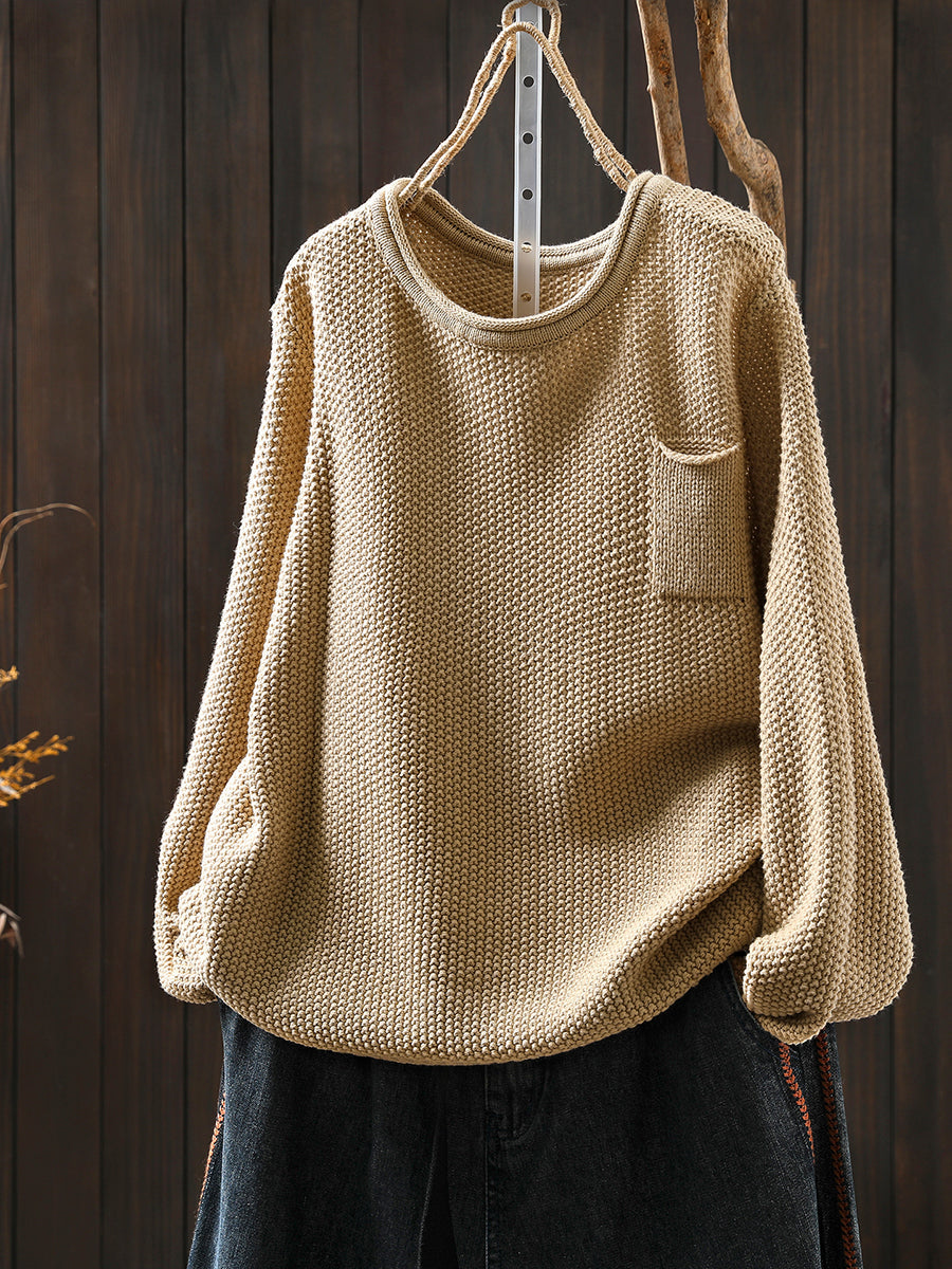 Women Autumn Pure Color O-Neck Cotton Knitted Shirt