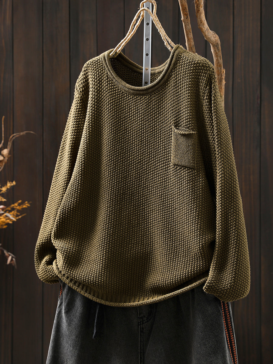 Women Autumn Pure Color O-Neck Cotton Knitted Shirt