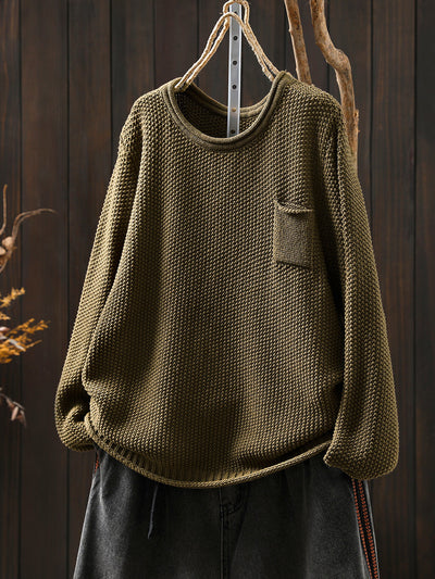 Women Autumn Pure Color O-Neck Cotton Knitted Shirt