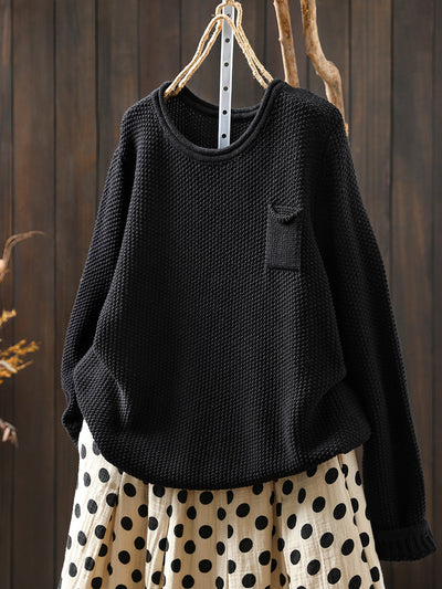 Women Autumn Pure Color O-Neck Cotton Knitted Shirt