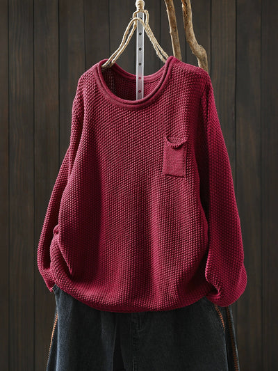 Women Autumn Pure Color O-Neck Cotton Knitted Shirt