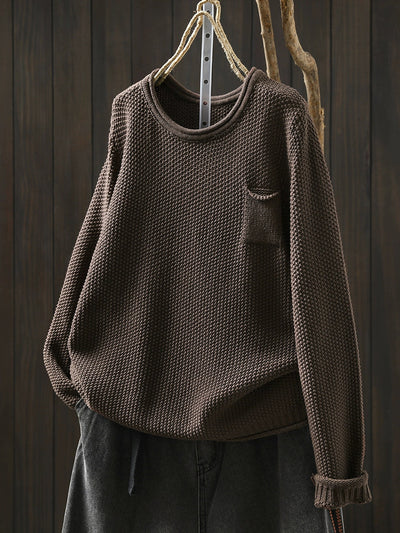 Women Autumn Pure Color O-Neck Cotton Knitted Shirt