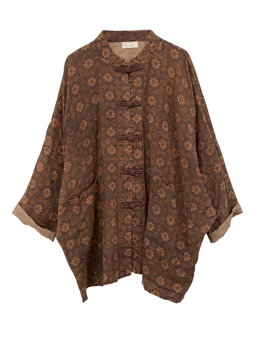 Women Autumn Retro Flower Linen Stand Collar Coat