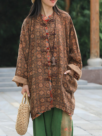 Women Autumn Retro Flower Linen Stand Collar Coat