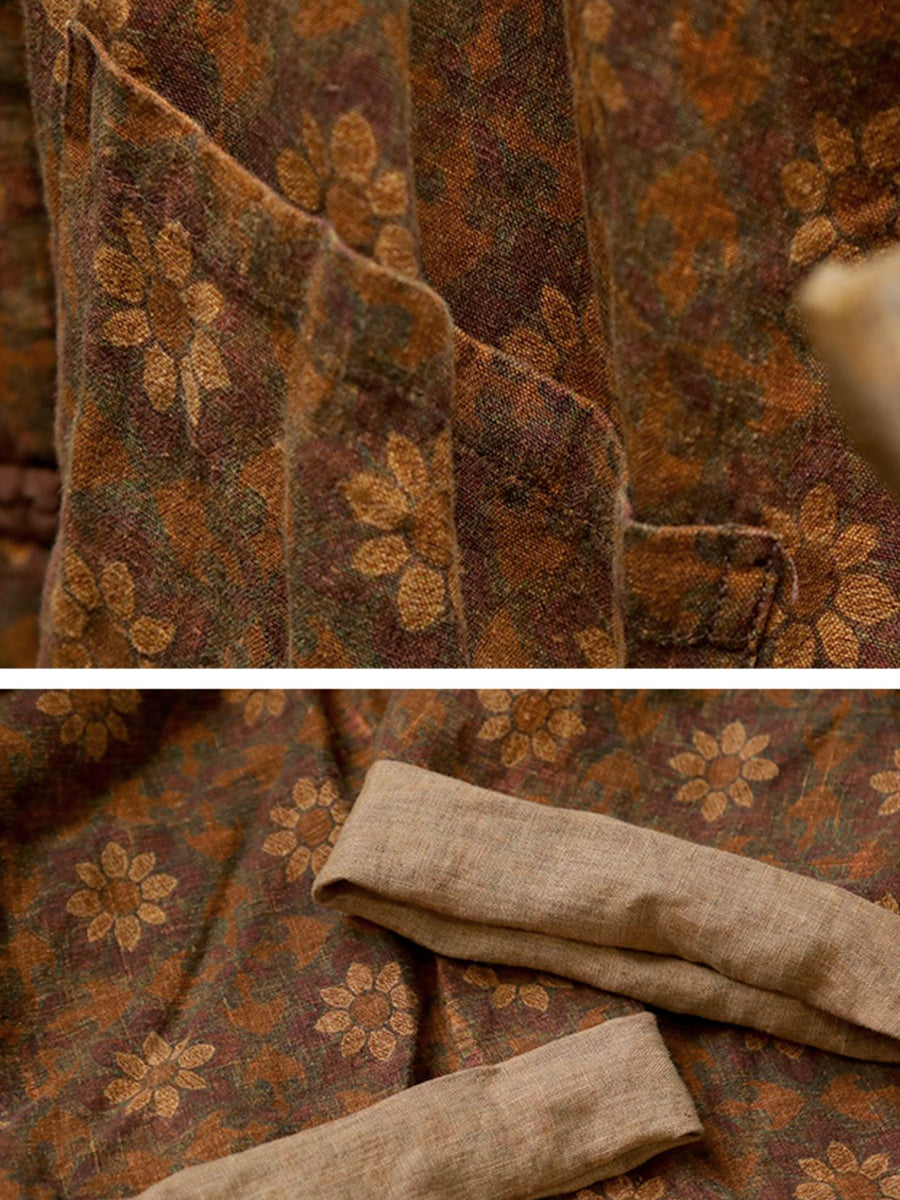 Women Autumn Retro Flower Linen Stand Collar Coat