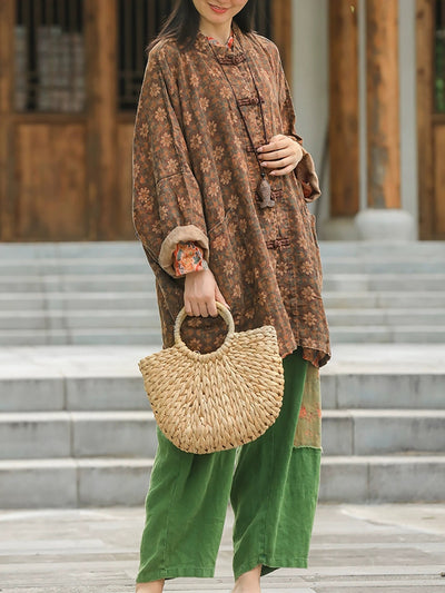 Women Autumn Retro Flower Linen Stand Collar Coat