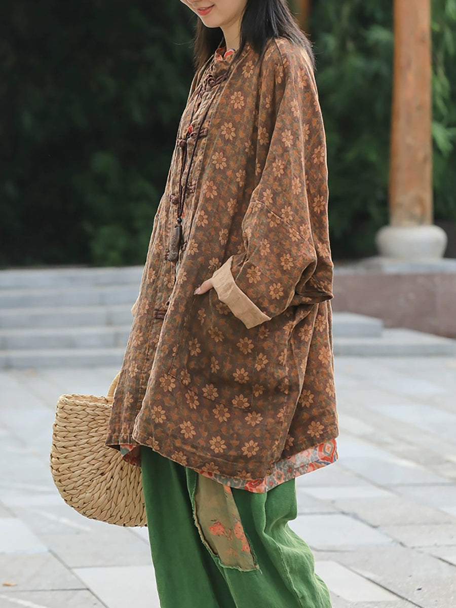 Women Autumn Retro Flower Linen Stand Collar Coat