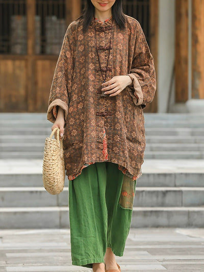Women Autumn Retro Flower Linen Stand Collar Coat