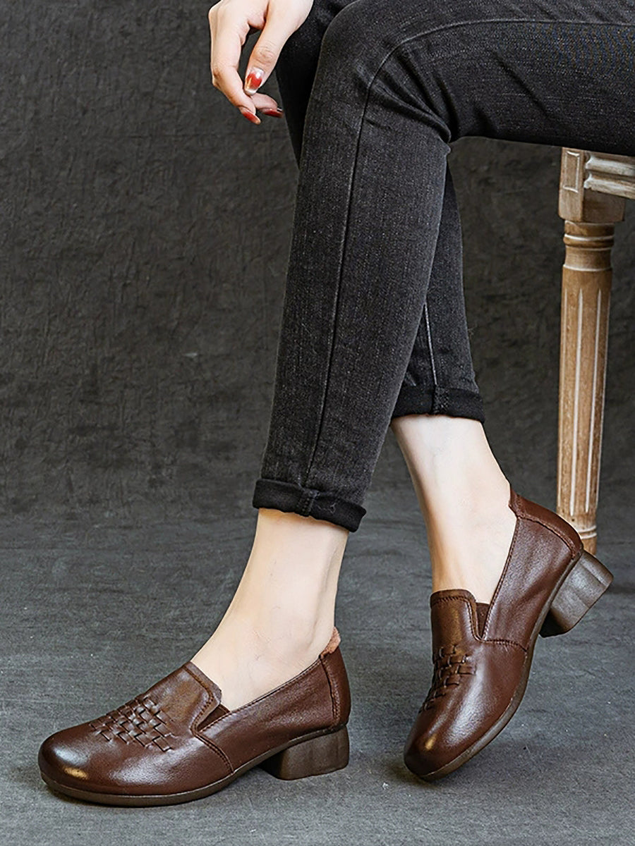 Women Retro Genuine Leather Weave Mid Heel Shoes
