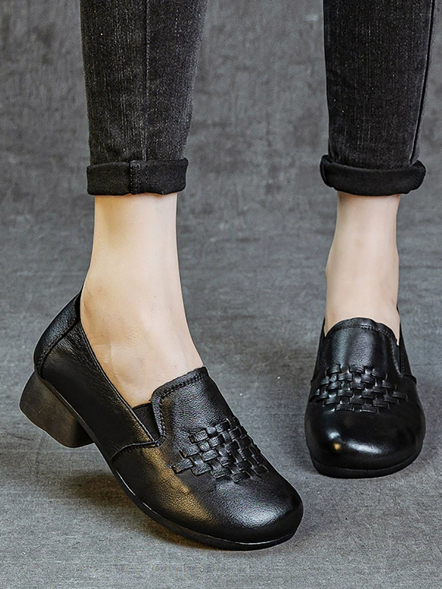 Women Retro Genuine Leather Weave Mid Heel Shoes