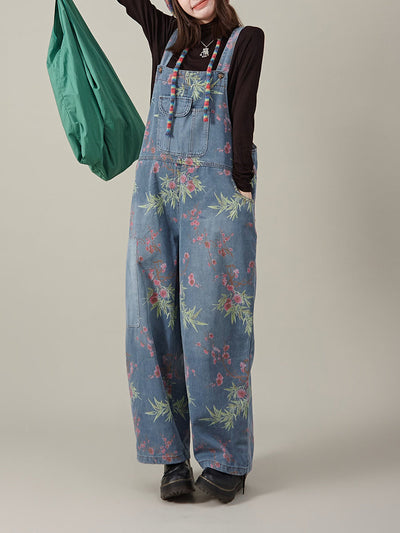 Women Autumn Artsy Flower Denim Jumpsuits