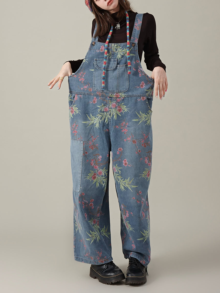Women Autumn Artsy Flower Denim Jumpsuits