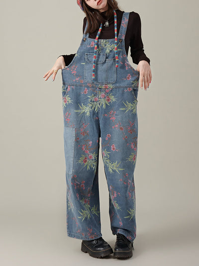 Women Autumn Artsy Flower Denim Jumpsuits