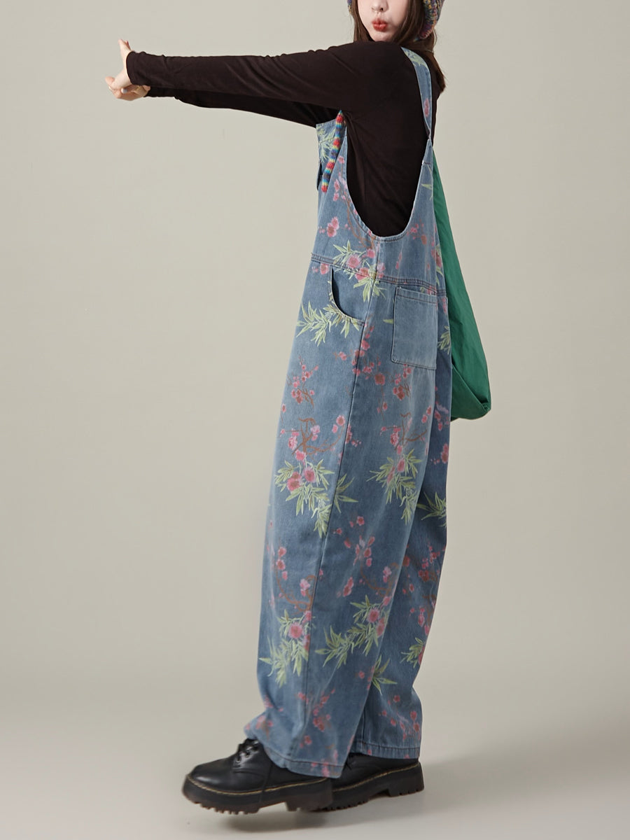 Women Autumn Artsy Flower Denim Jumpsuits