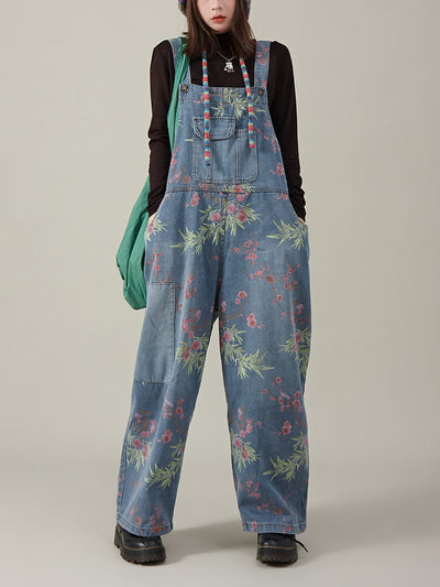 Women Autumn Artsy Flower Denim Jumpsuits