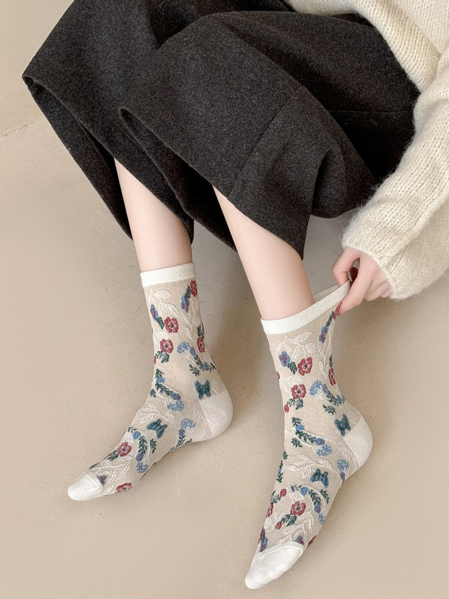 5 Pairs Women Artsy Flower Jacquard Socks