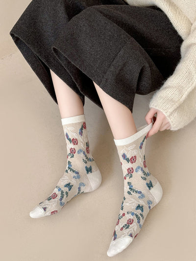 5 Pairs Women Artsy Flower Jacquard Socks