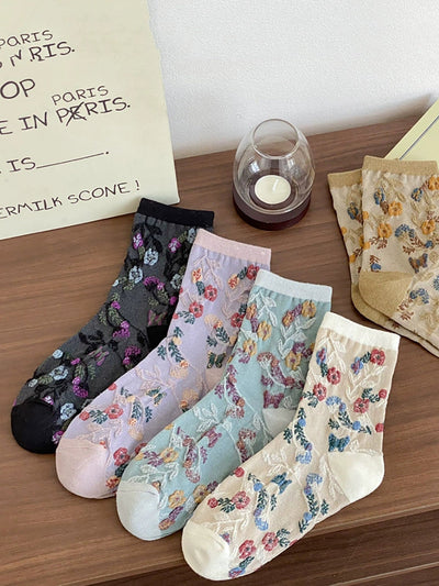 5 Pairs Women Artsy Flower Jacquard Socks