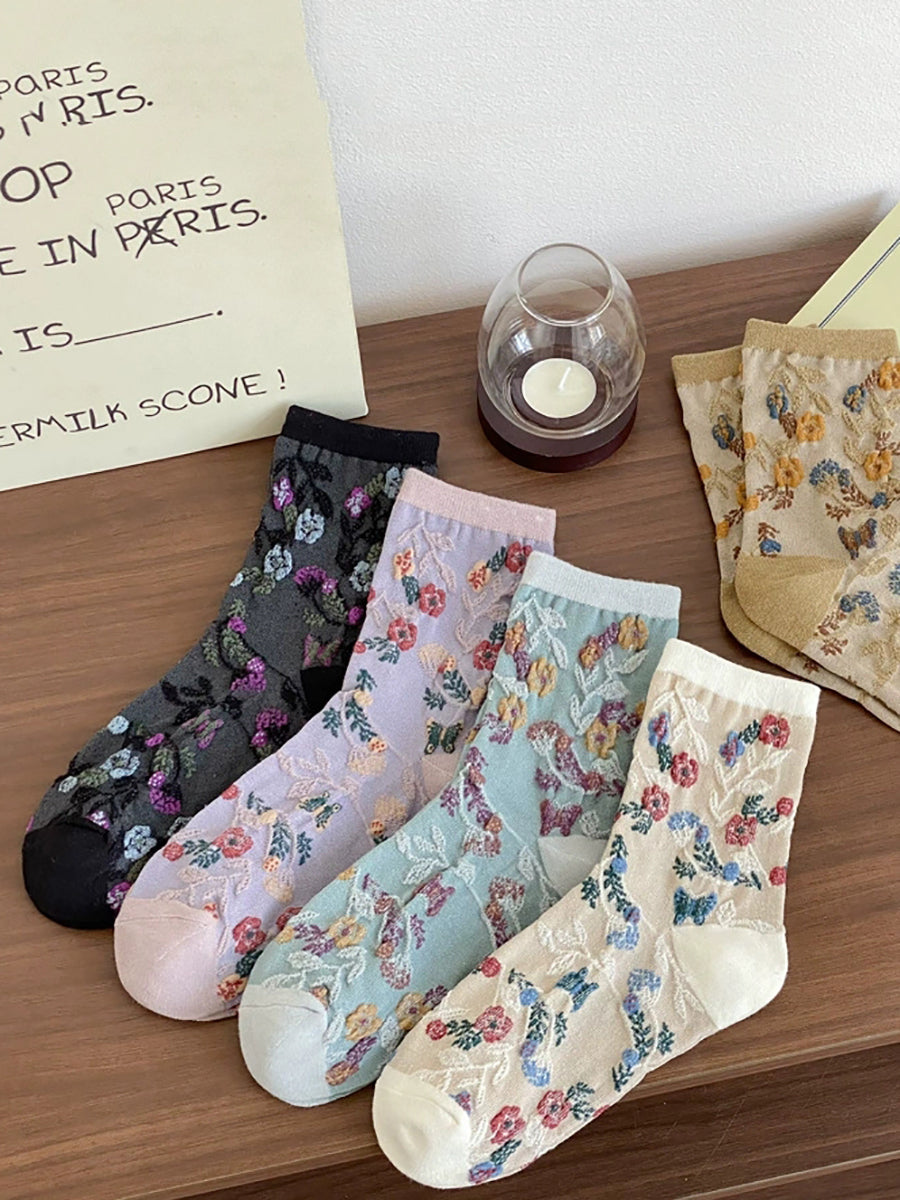 5 Pairs Women Artsy Flower Jacquard Socks