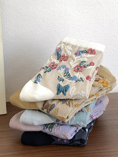5 Pairs Women Artsy Flower Jacquard Socks