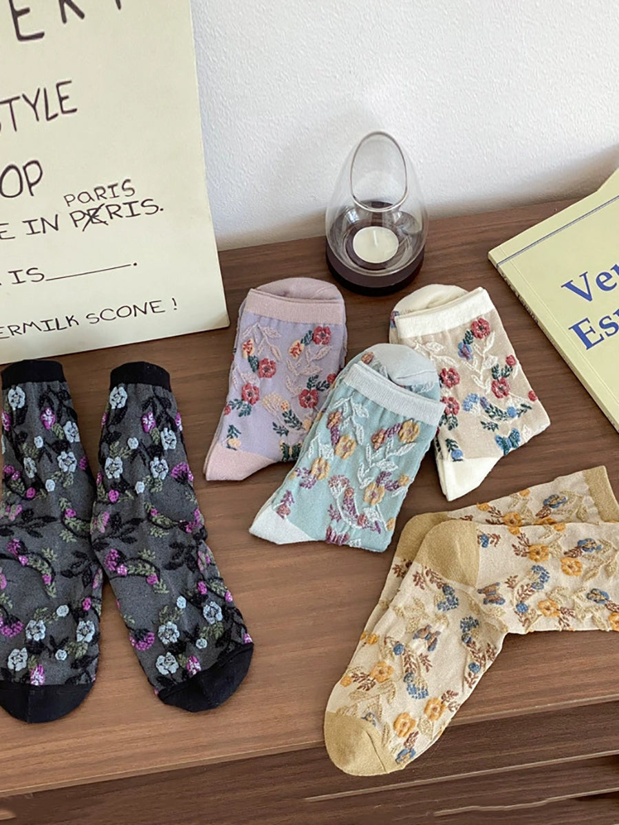 5 Pairs Women Artsy Flower Jacquard Socks