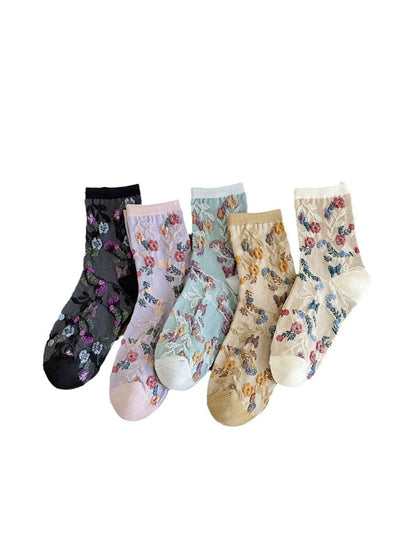 5 Pairs Women Artsy Flower Jacquard Socks