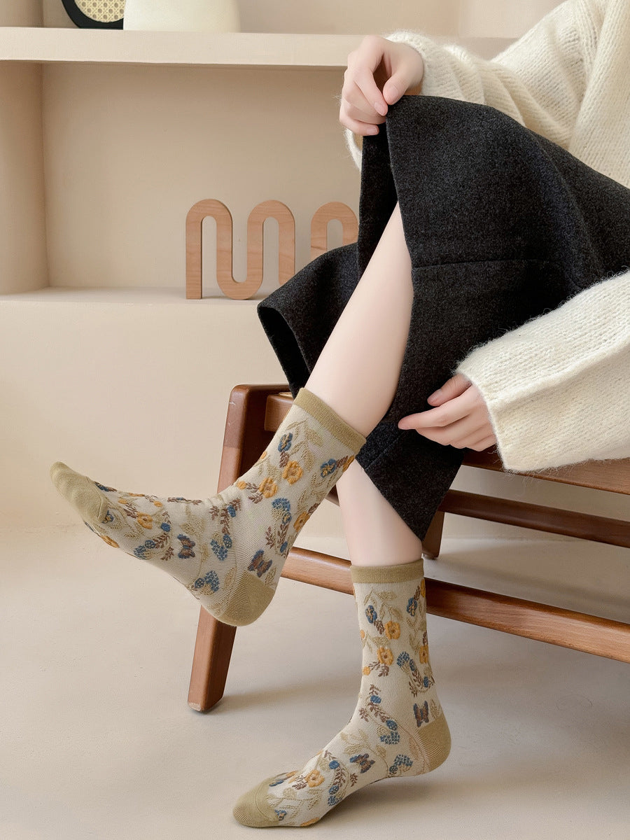 5 Pairs Women Artsy Flower Jacquard Socks