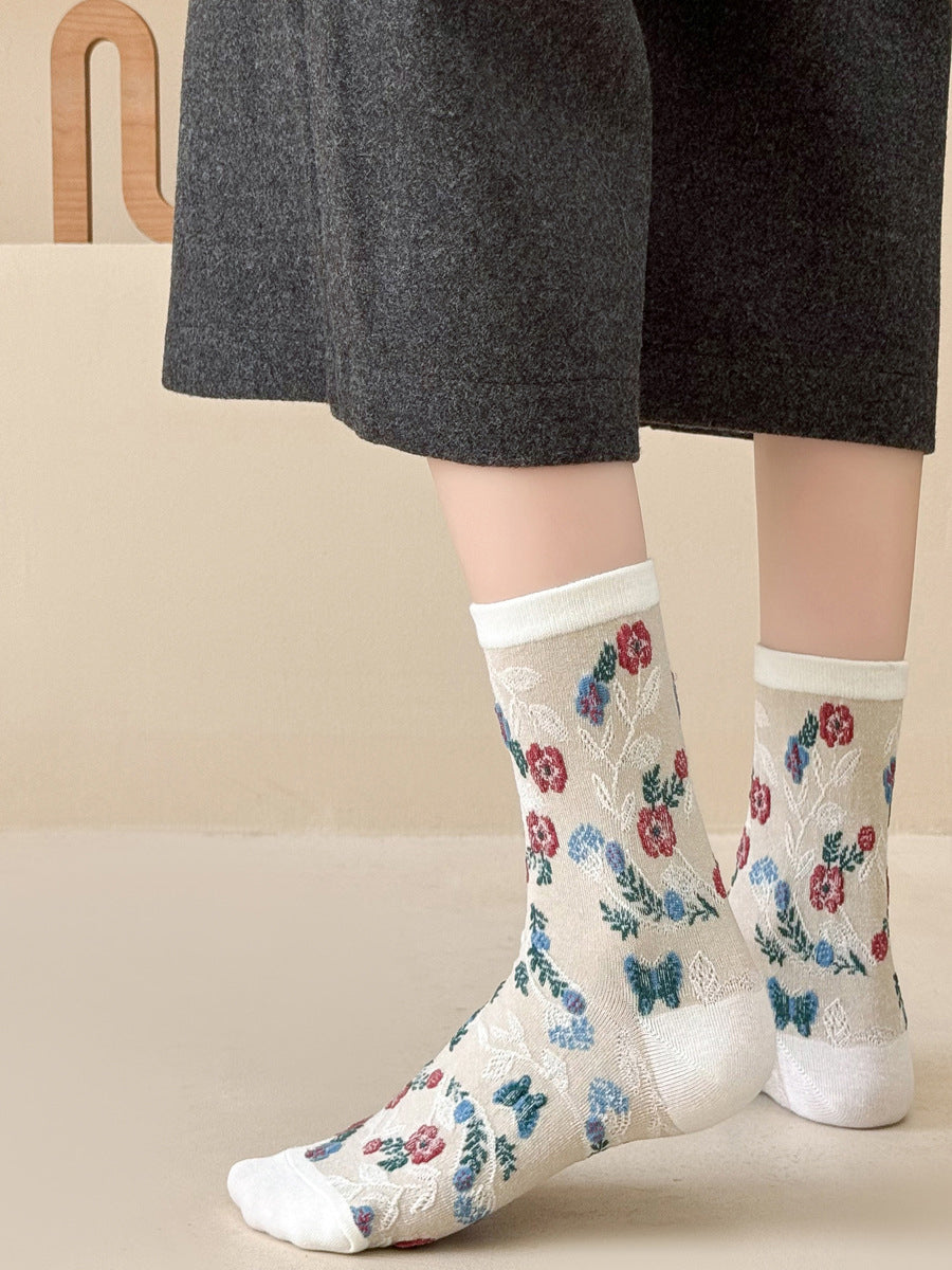 5 Pairs Women Artsy Flower Jacquard Socks