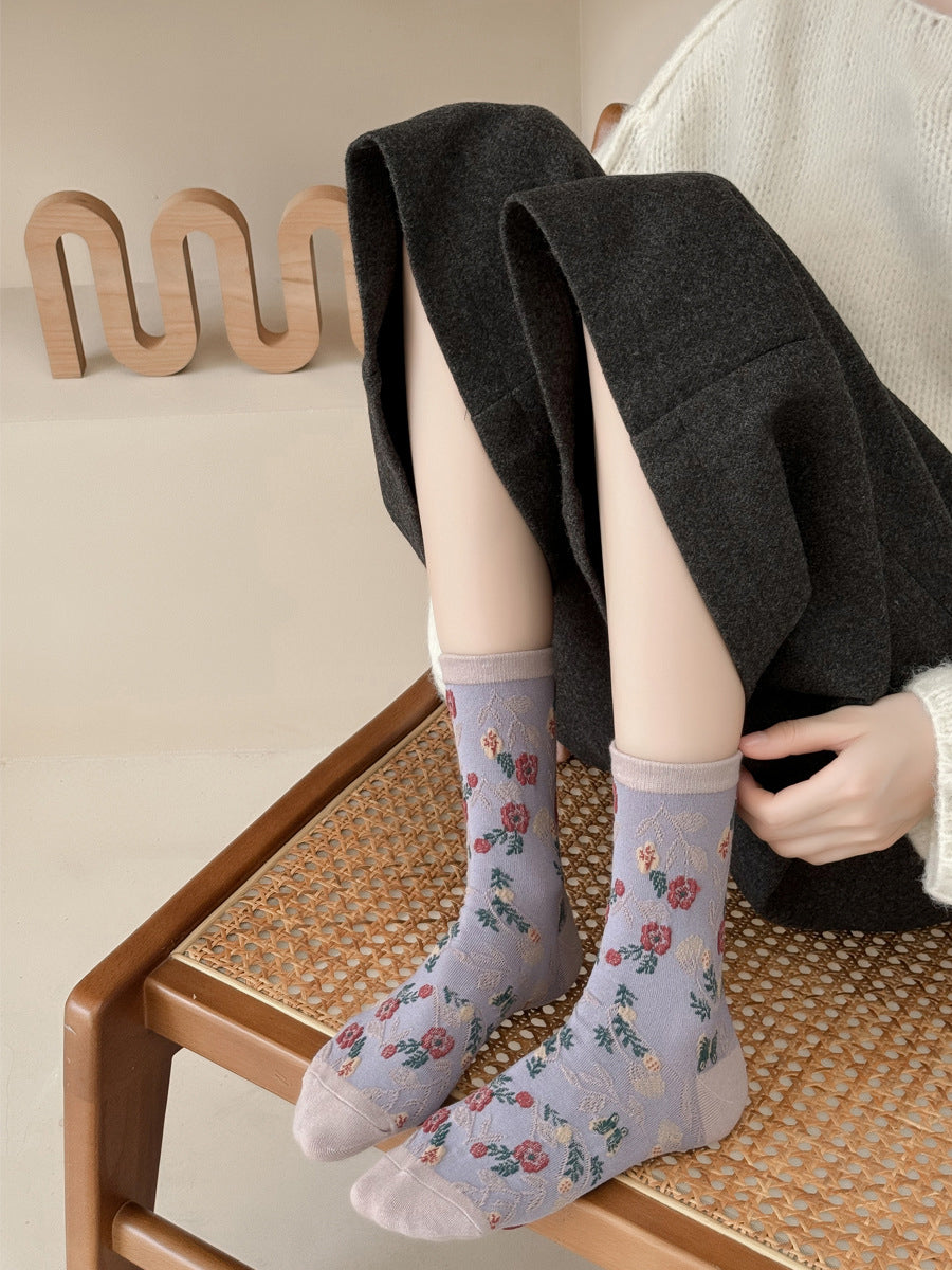 5 Pairs Women Artsy Flower Jacquard Socks