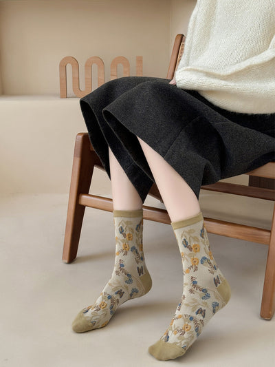 5 Pairs Women Artsy Flower Jacquard Socks