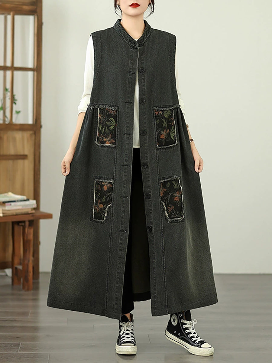 Women Vintage Denim Patchwork Stand Collar Long Vest Coat