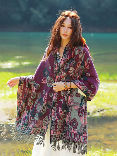 Women Ethnic Flower Tassel Shawl Scarf