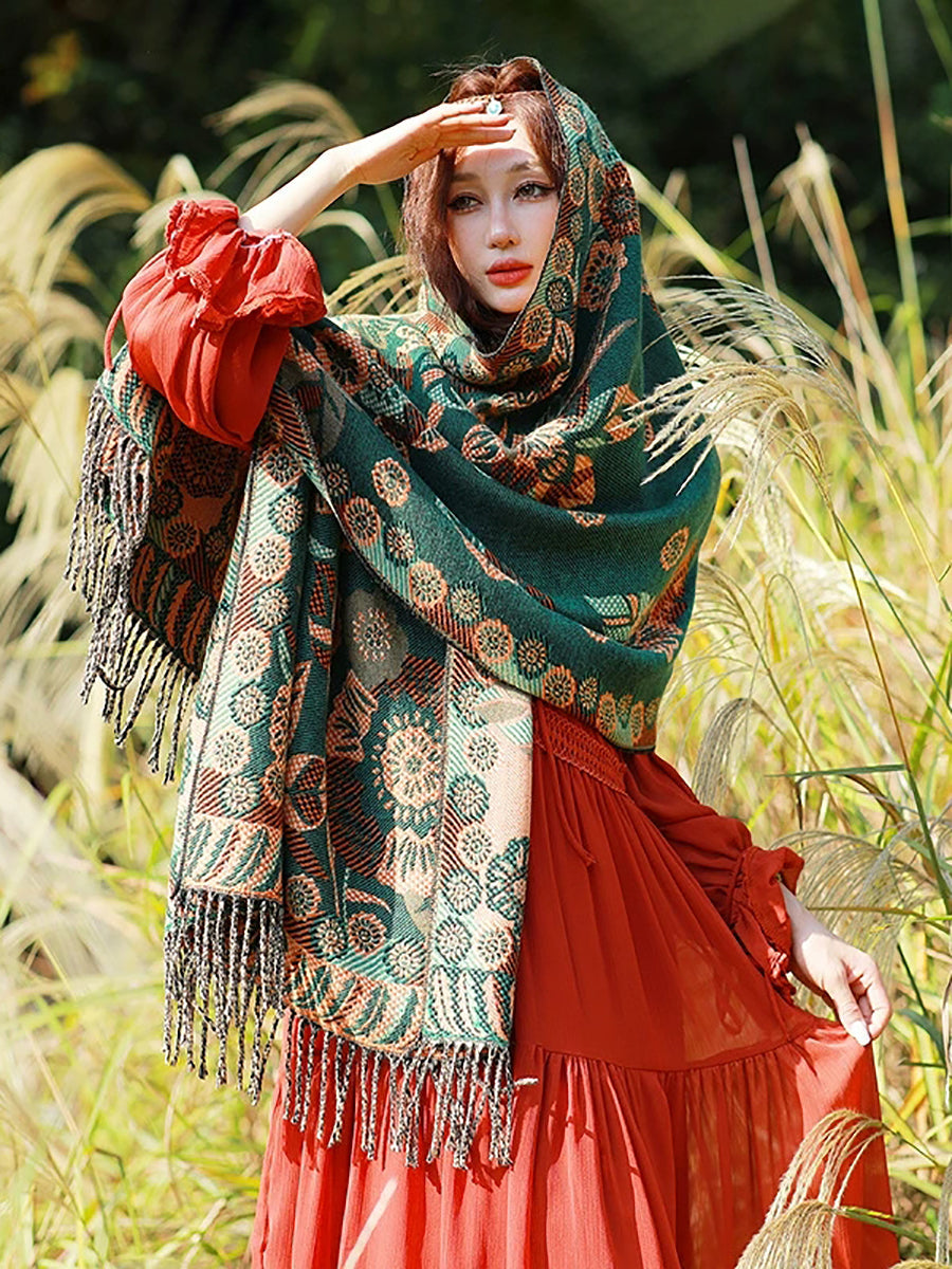 Women Ethnic Flower Tassel Shawl Scarf
