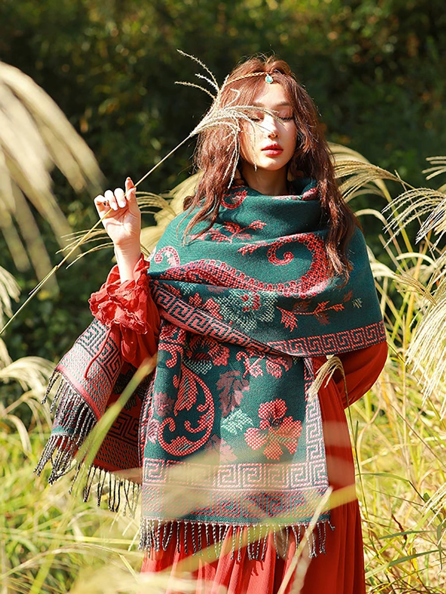 Women Ethnic Flower Tassel Shawl Scarf
