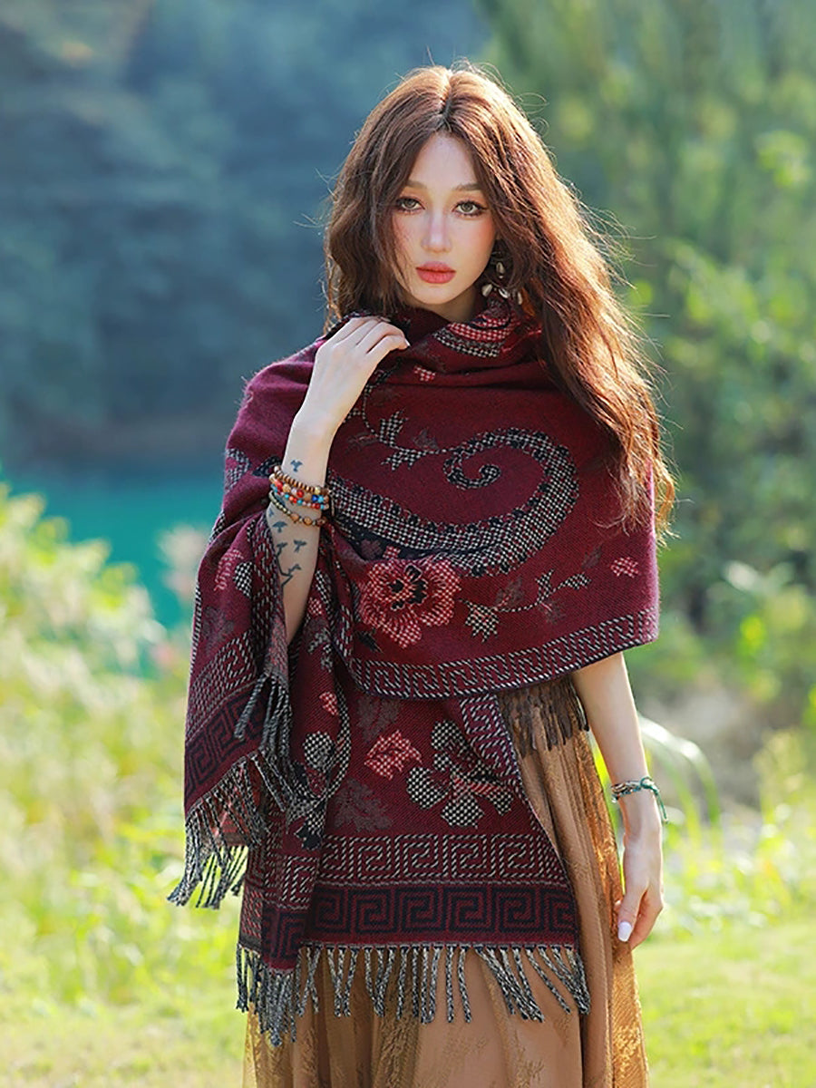 Women Ethnic Flower Tassel Shawl Scarf