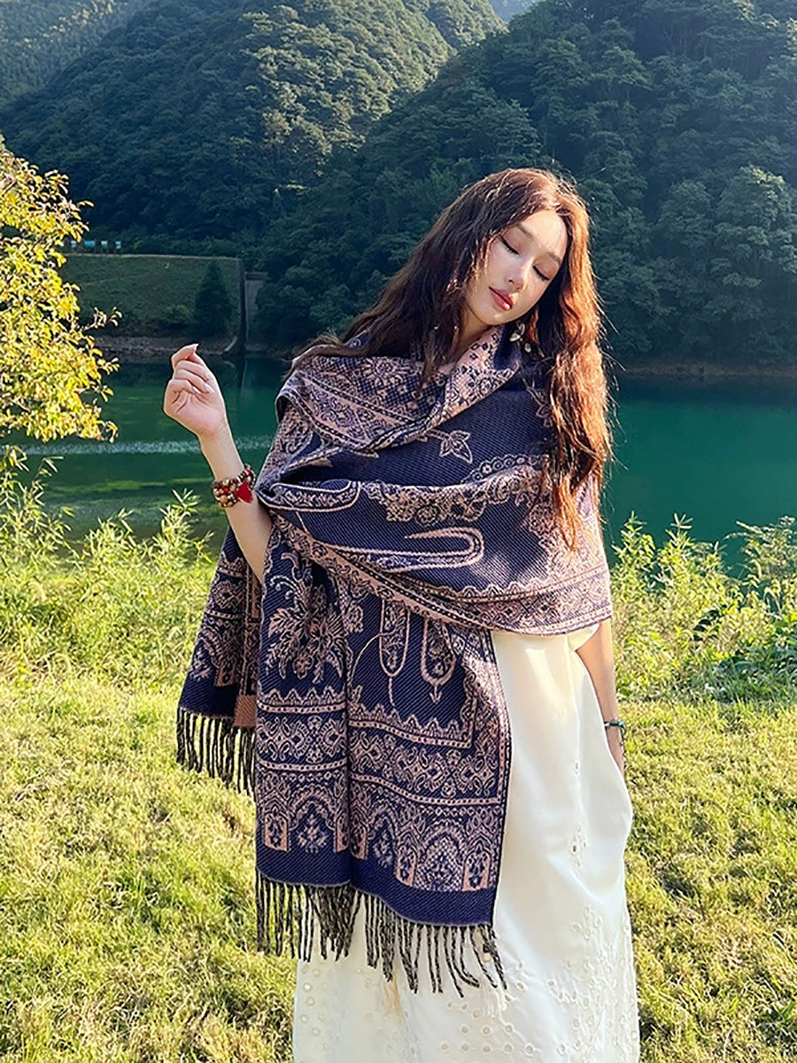 Women Ethnic Flower Tassel Shawl Scarf