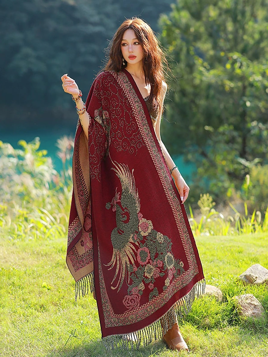 Women Ethnic Flower Tassel Shawl Scarf