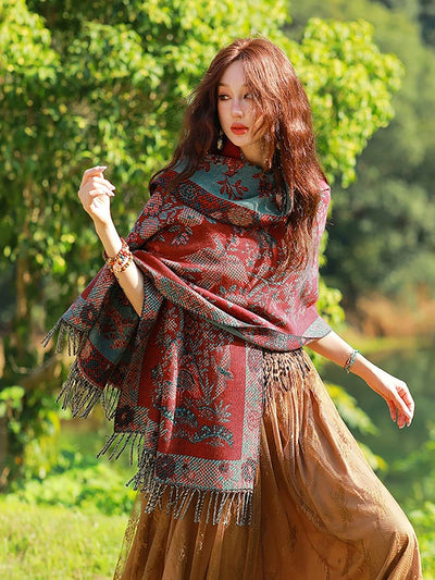 Women Ethnic Flower Tassel Shawl Scarf