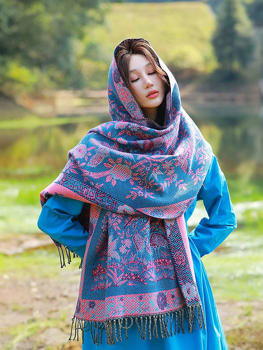 Women Ethnic Flower Tassel Shawl Scarf