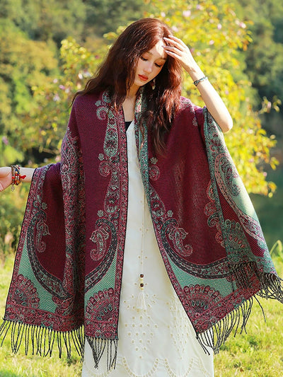 Women Ethnic Flower Tassel Shawl Scarf