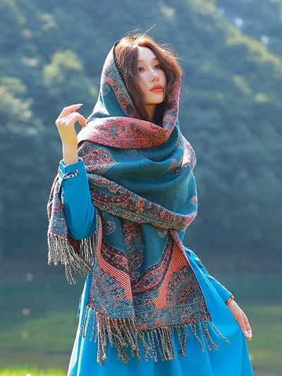 Women Ethnic Flower Tassel Shawl Scarf