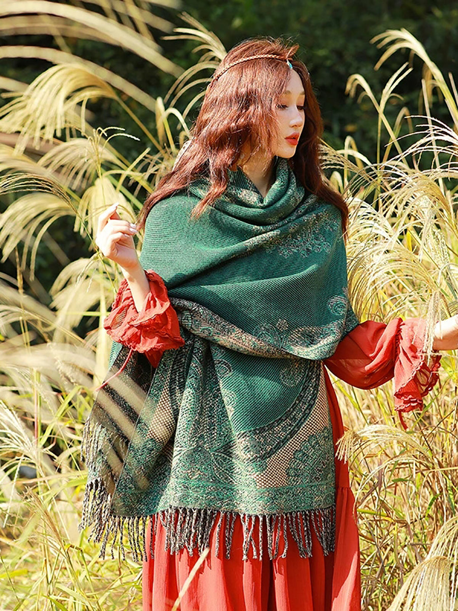 Women Ethnic Flower Tassel Shawl Scarf