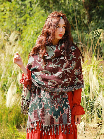 Women Ethnic Flower Tassel Shawl Scarf