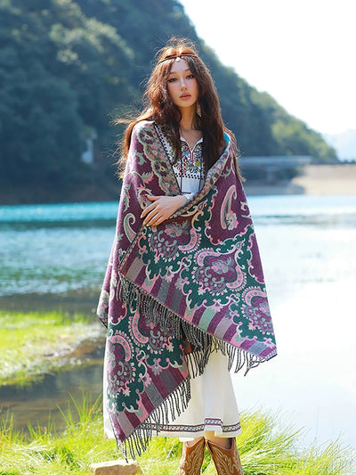 Women Ethnic Flower Tassel Shawl Scarf